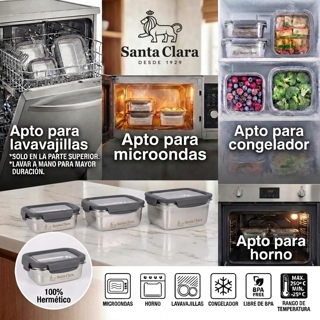 INDE SANTA CLARA | Fiambrera de Acero Inoxidable 1.8L Hermética para Microondas, Tapa Plástica con 4 Cierres, Apta para Horno, Tupper Acero Inoxidable, Lunch Box, Termo Comida Caliente — view 3
