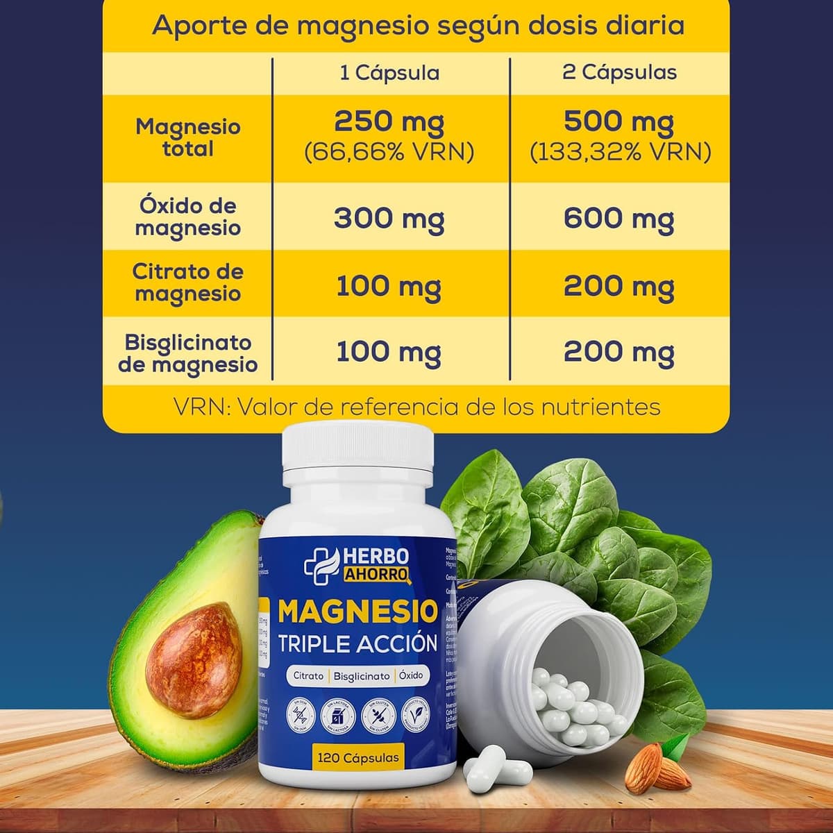Magnesio Complex - Citrato, Bisglicinato y Óxido de Magnesio Triple - Alta Absorción - Reduce Cansancio y Fatiga, Alivia Dolor Articulaciones y Músculos – Favorece la Síntesis de Colágeno 120 cápsulas — view 5