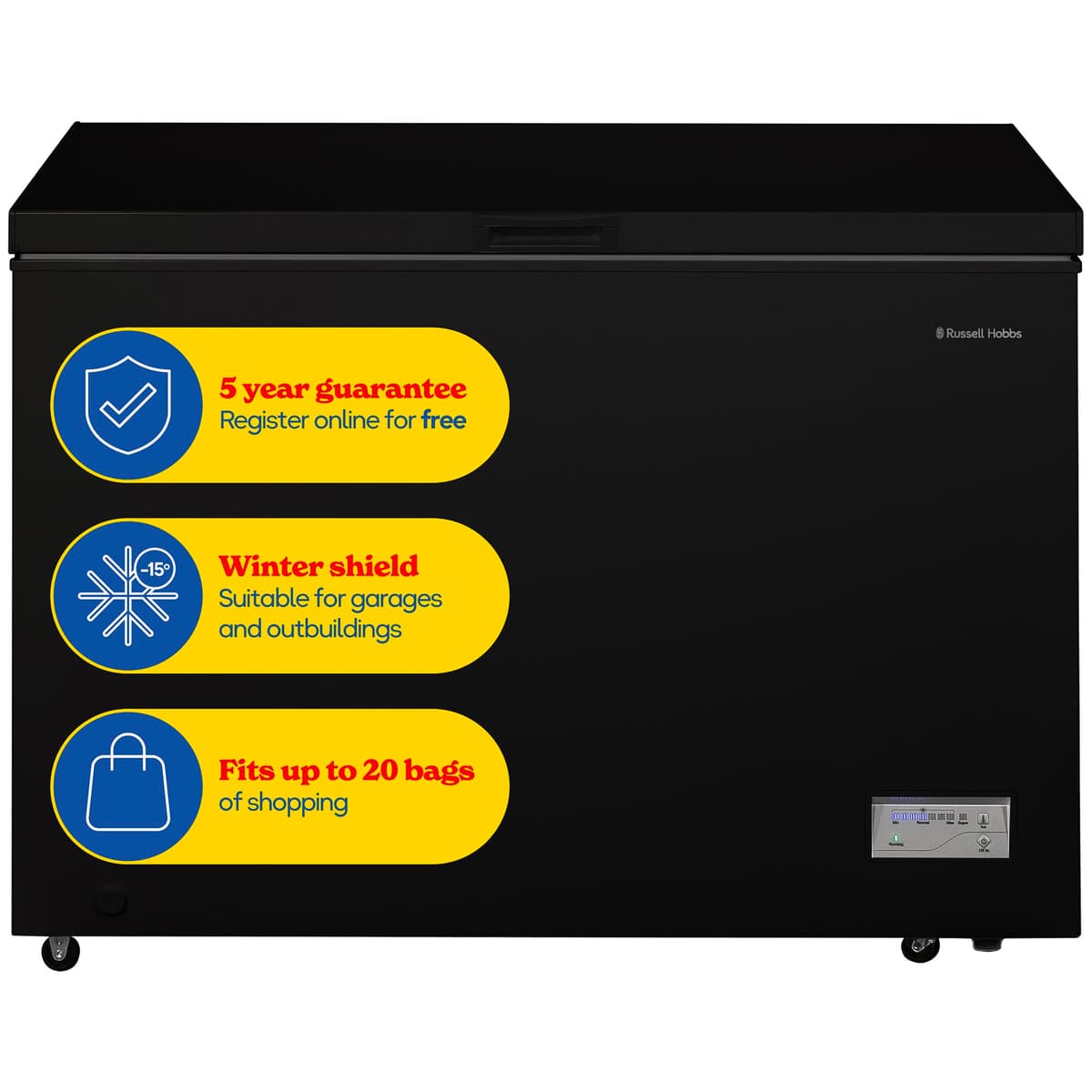 Russell Hobbs Free Standing Chest Freezer, 300 Litres, Low Noise, Garage Safe, Counterbalance Lid, Front Drain Hole, 1.8m Cord, Castor Wheels, 5 Year Registered Guarantee Black, RH300CF201B