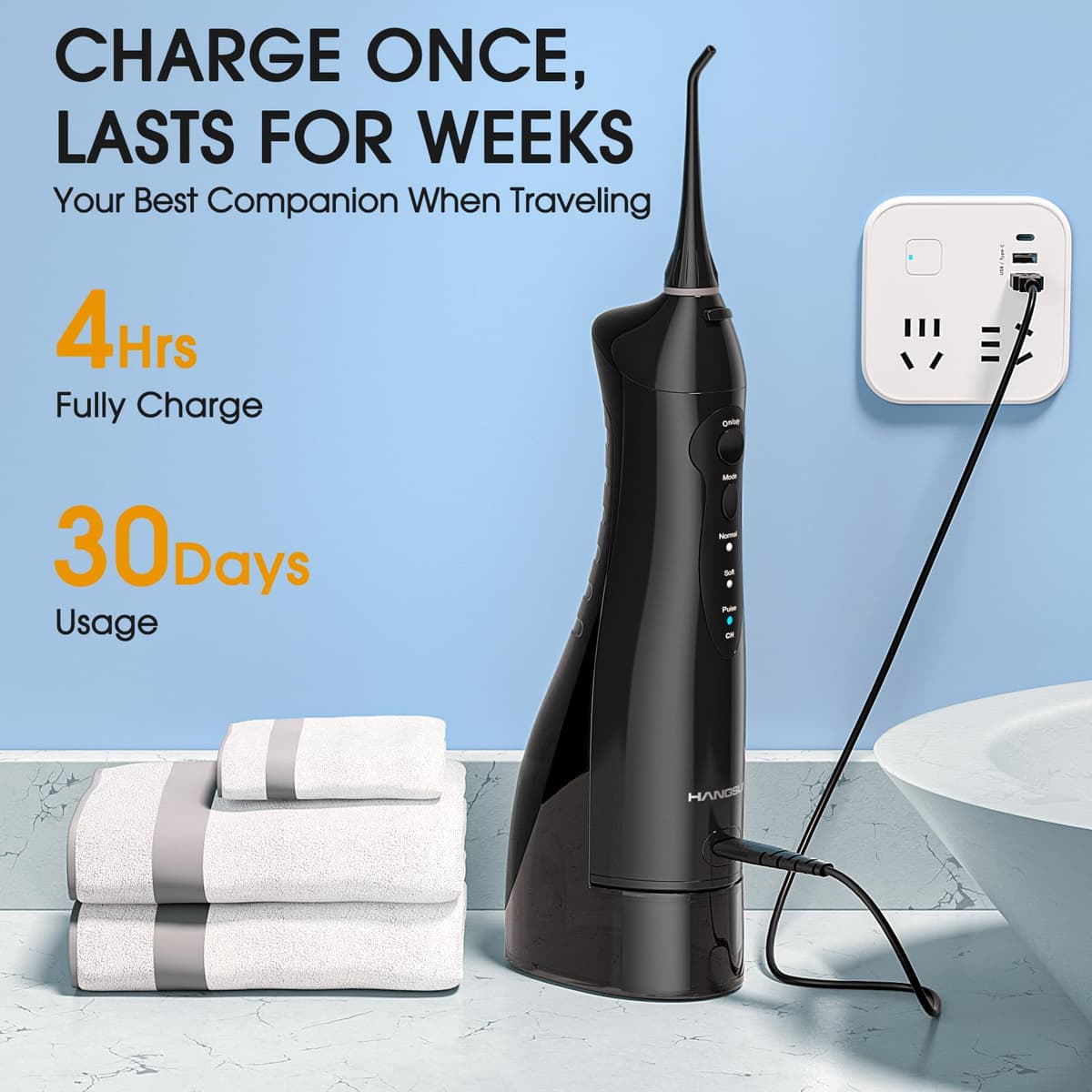 Hangsun Water Flosser for Teeth Cordless Oral Irrigator Dental Water Jet Electric Tooth Flosser with 6 Jet Tips 300ML Water Tank USB Rechargeable for Travel and Home Use (Black) — view 4