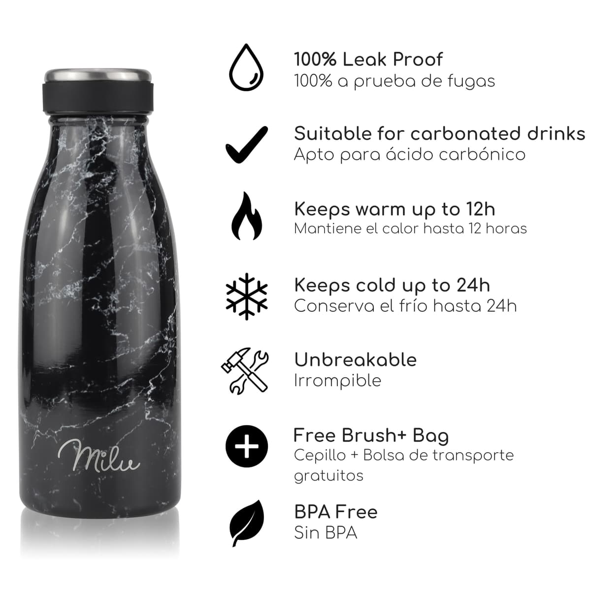 Milu Botella de acero inoxidable de 350ml 500ml 750 ml 1 L 1,5 L botella de agua aislada, termo a prueba de fugas, doble pared, apta para ácido carbónico + cepillo de limpieza (Azul Violeta, 350ml) — view 119