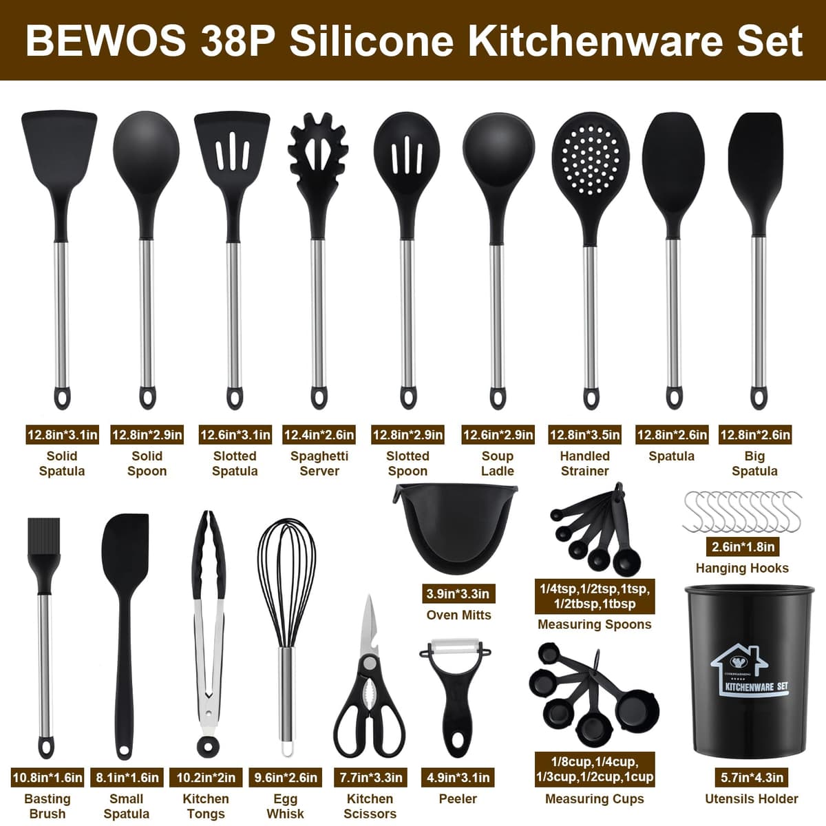 38 Pieces Kitchen Utensils Set, BEWOS Silicone Cooking Utensils Set with Spatula, Utensil Holder and Measuring Spoons, Nonstick Heat Resistant, Black Kitchen Gadgets, Stainless Steel Handle — view 2