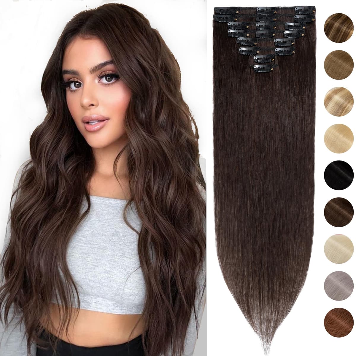 Silk-co 10inch Hair Extensions Clip in Hair Extension Human Hair #04 Medium Brown -Basic Thickness-Thin Weft- 8 Pieces Real Remy Straight Hair Extensions[50g] — view 16
