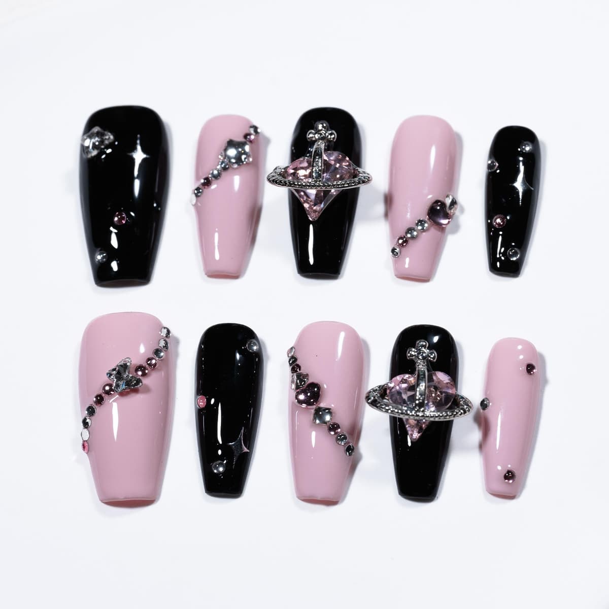 Sun&Beam Nails Handmade Press On Nail Long Coffin Ballerina Pink Flower Acrylic Fake Tip 3D Design Art Charms Cute with Storage Box 10 Pcs (S) — view 308