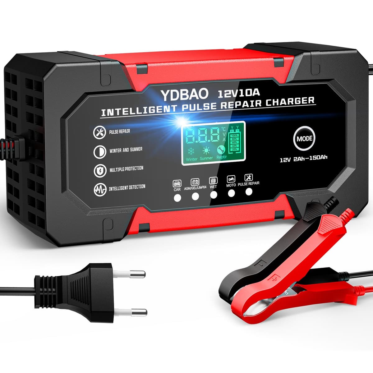 YDBAO Cargador Baterias Coche 12V 10A Cargador de baterias Coche y Moto Inteligente con Reparación y Pantalla LCD y Múltiples Protecciones Cargadors de batería para Auto,Moto, Camión, AGM, SLA, Gel