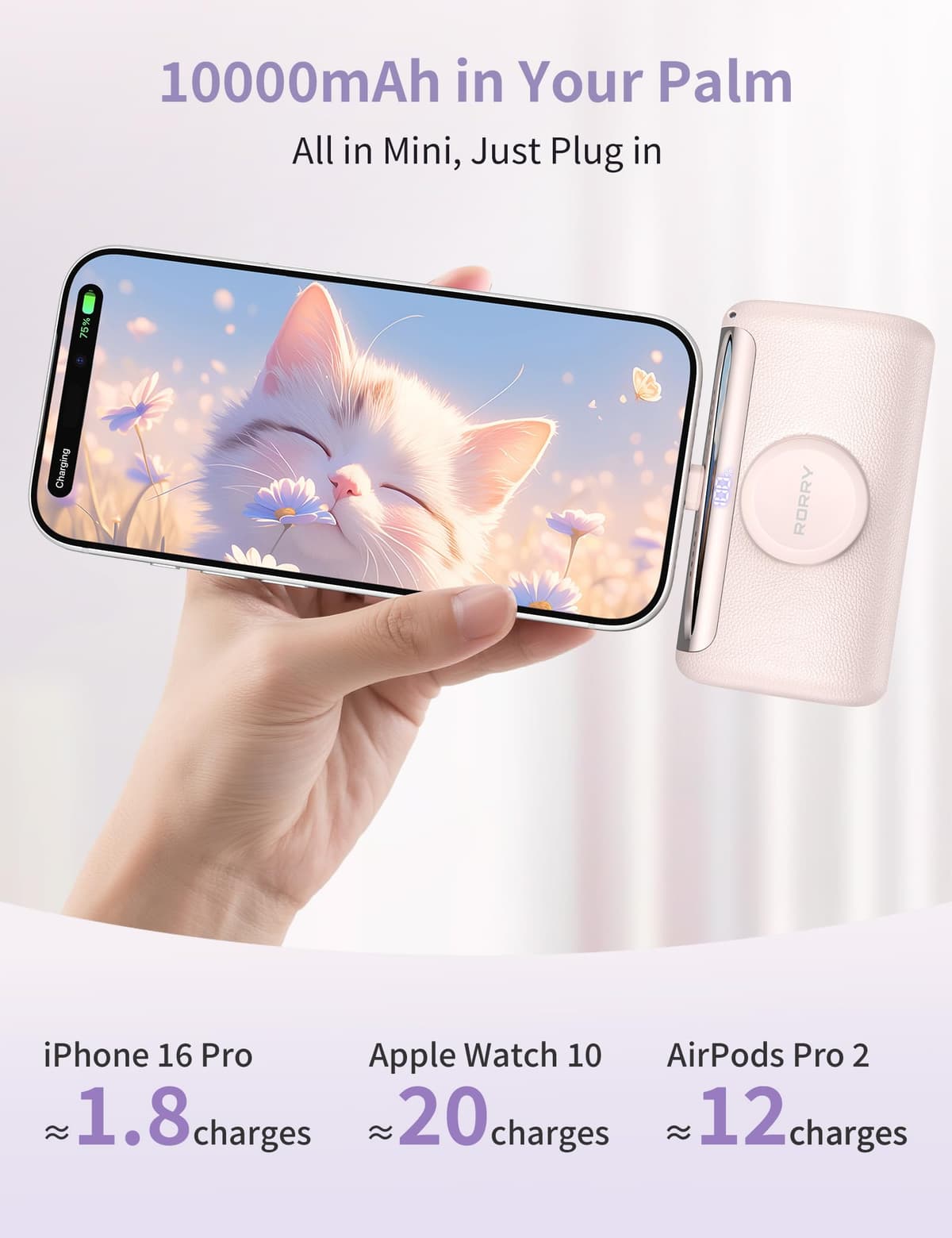RORRY PalmGo Portable Charger, 10000mAh PD 22.5W Fast Charging Mini Power Bank with Built-in USB C Connector, 3-in-1 Battery Pack for iPhone 17/16/15 Pro/Max, Apple Watch Ultra/11/10/SE, iPad, Pink — view 2