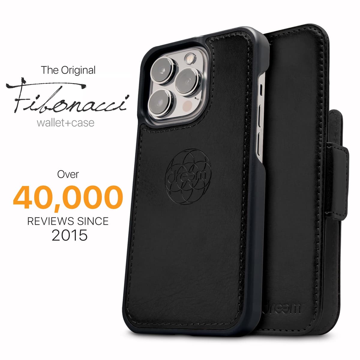 dreem 3-in-1 Wallet Case for iPhone 14/16e/17e | Built-In Kick-Stand, Magnetic Detachable Vegan Leather Flip Cover with RFID Blocking Card Holder, MagSafe Compatible, Gift Box [Fibonacci: Black] — view 4