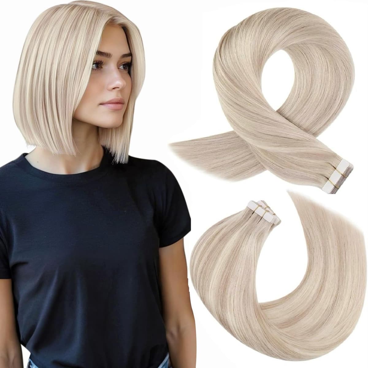 Moresoo Tape in Human Hair Extensions 20 Inch Highlight 50g/20pcs Tape in Hair Extensions Human Hair Ash Blonde with Platinum Blonde #P18/613 — view 61