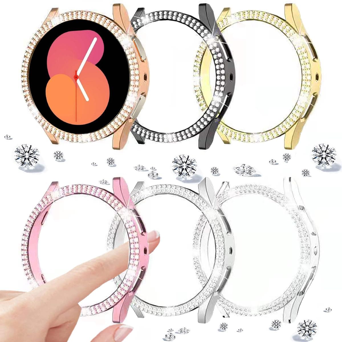 DEALELE [2-PACK] Case Compatible with Samsung Galaxy Watch FE / 5/4 40mm, Bling Double-row Diamond PC Protective Case Protector Cover, 40mm, Rose gold + Transparent — view 13