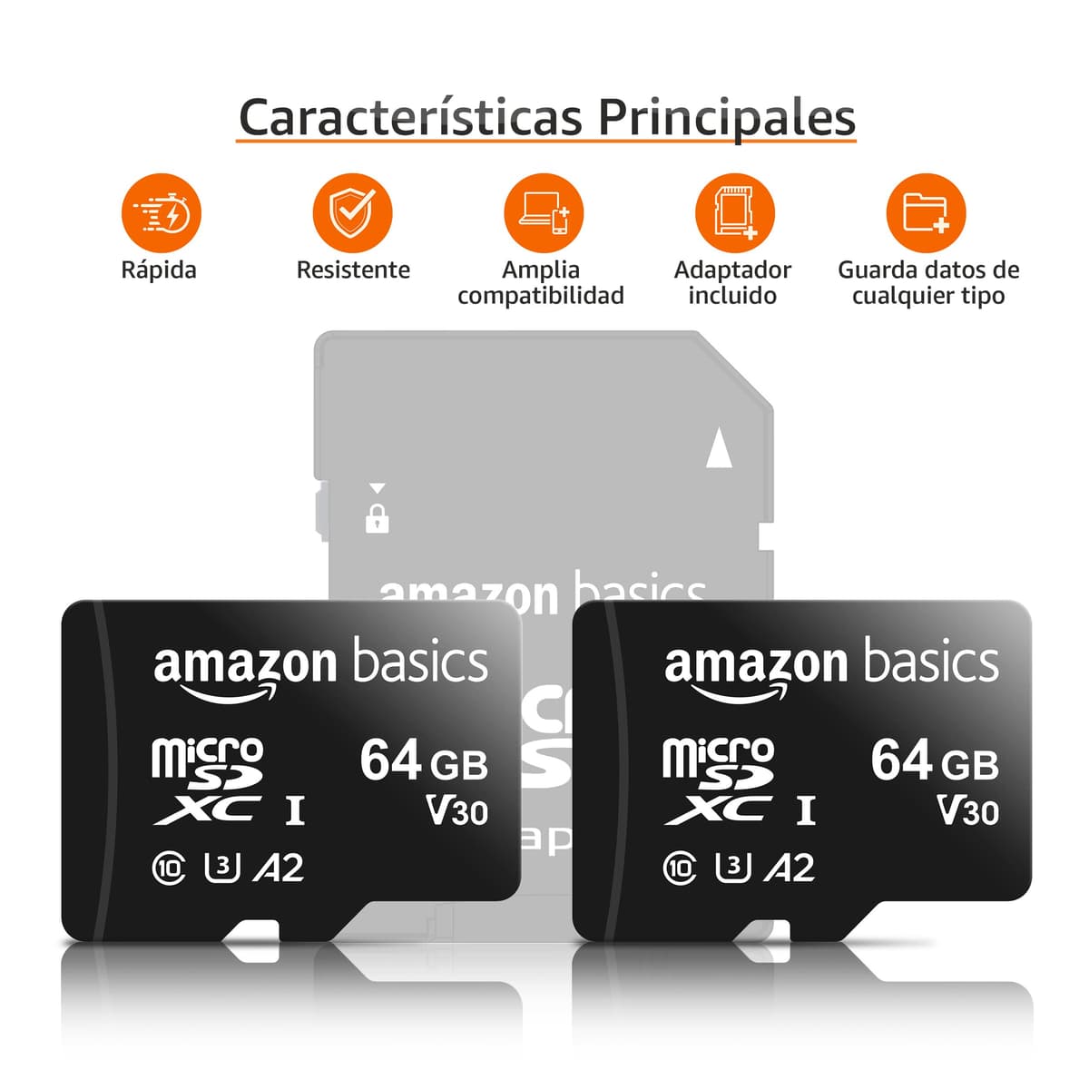 Amazon Basics Tarjeta de memoria microSDXC con adaptador de tamaño completo, A2, U3, velocidad de lectura de hasta 100 MB/s, 64 GB, negra (paquete de 2) — view 2