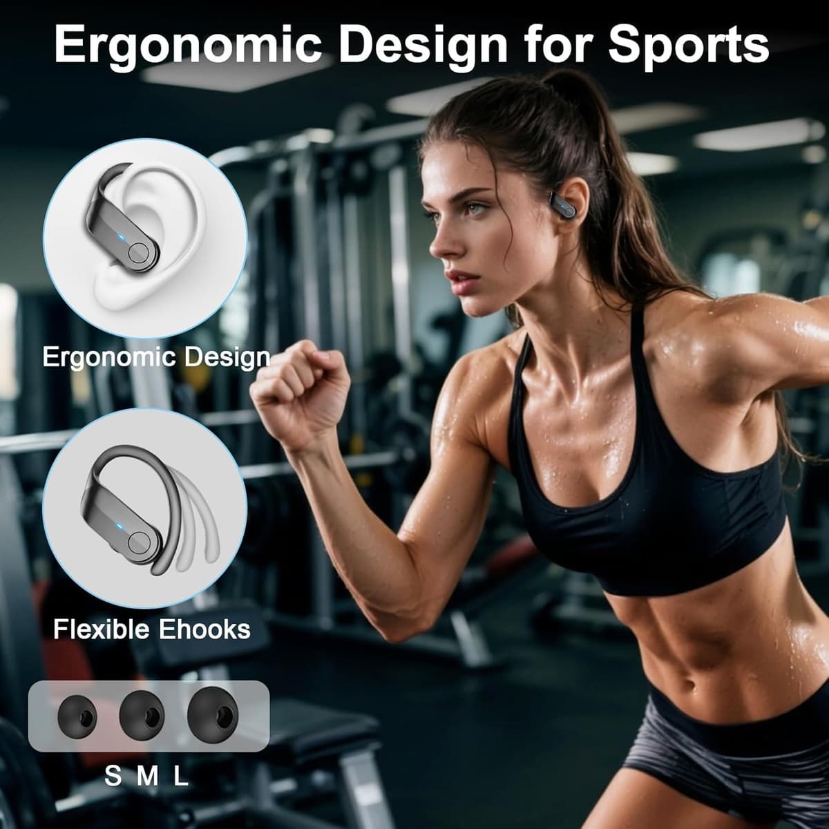 Wireless Earbuds Sports, 2026 Bluetooth 5.4 Headphones with 70H Deep Bass Over Ear Buds, IPX8 Waterproof ENC Noise Cancelling Earphones, Running Headphones with Earhooks, USB-C Headset for Workout/Gym — view 6