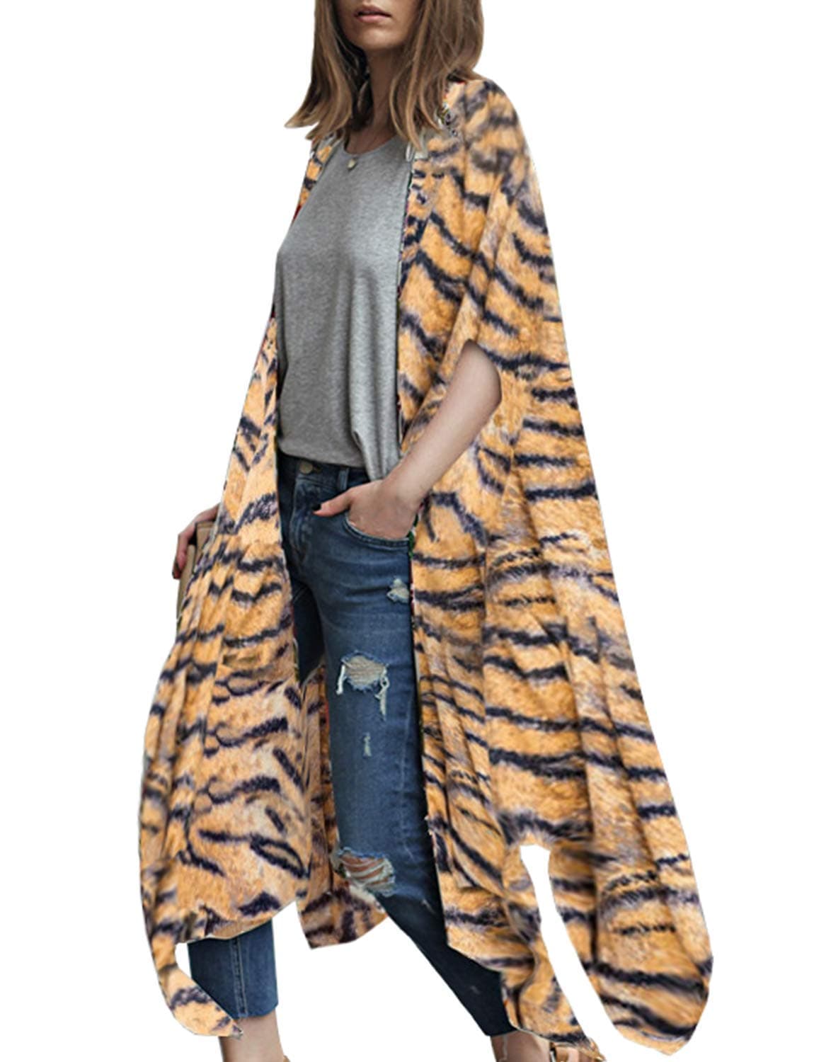 MayBuy Women's Summer Long Flowy Kimono Cardigans Boho Chiffon Floral Beach Cover Up Tops — view 23