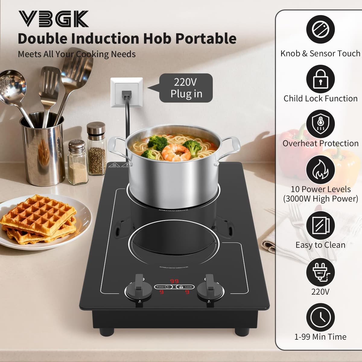 VBGK Induction Hob,220V 3000W twin induction hob with LED Touch Screen, 10 Power Levels, Kids Lock & Timer, Overheat Protection, knob and touch control Double Induction Hob — view 2