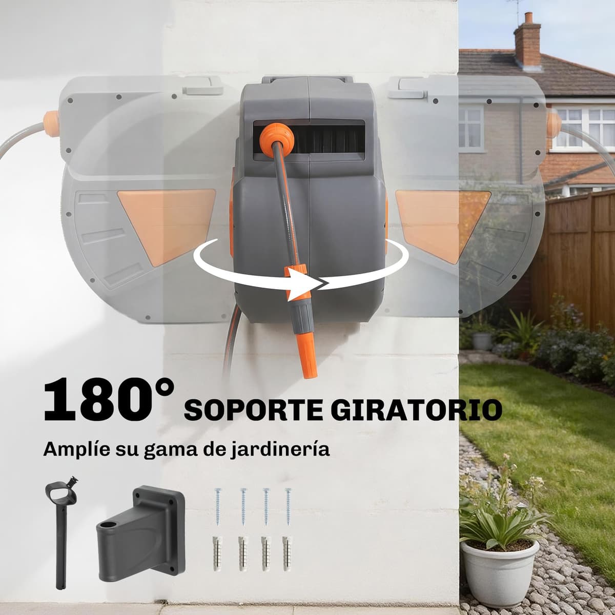 Outsunny Enrollador de Manguera para Jardín 20+1,6 m con Boquilla de 2 Modos, Carrete de Manguera de Jardín de Pared con Bloqueo Automático y Retracción Controlada, Soporte Orientable 180°, Naranja — view 5