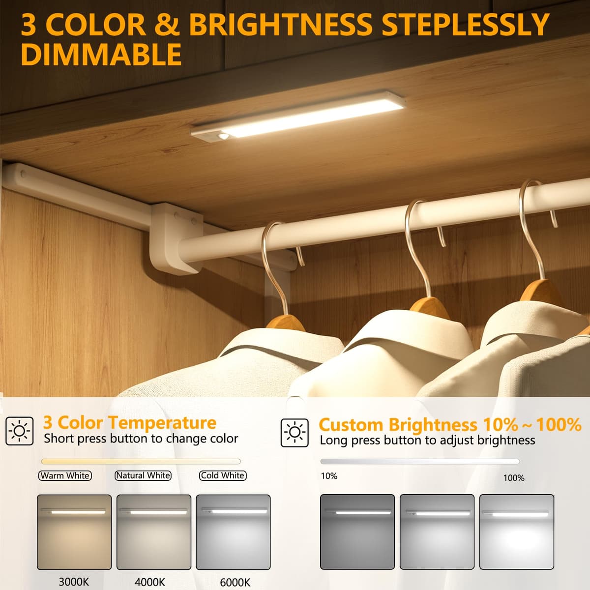 OUILA Under Cabinet Kitchen Lights, 64 LED [2 Pack] 3 Color Stepless Dimming Motion Sensor Lights Indoor, 1000mAh USB-C Rechargeable LED Lights for Cupboard, Kitchen — view 3