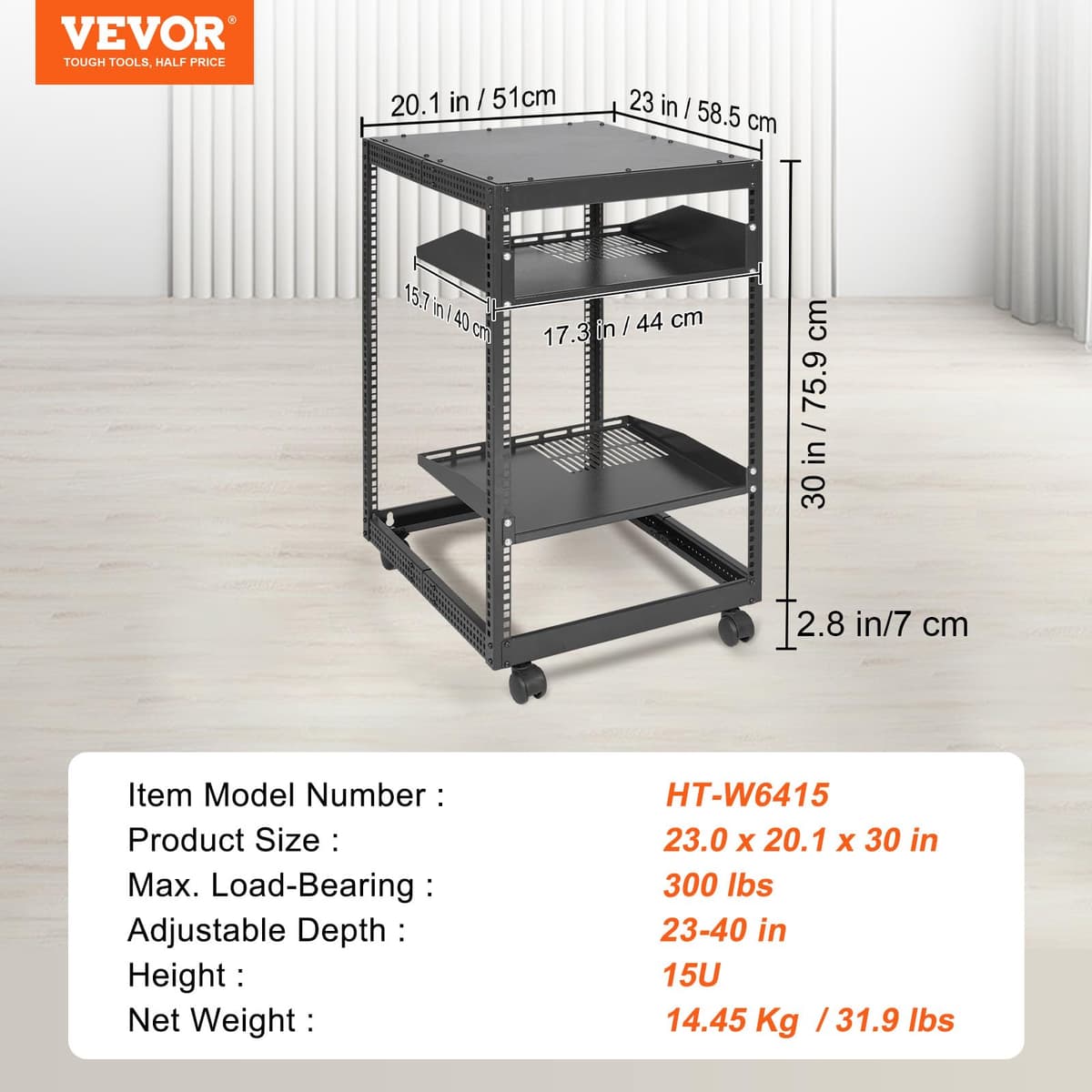 VEVOR Rack de Servidor de Marco Abierto de 15U, Profundidad Ajustable de 23"-40", Rack de Servidor de Red, 4 Postes con Ruedas, sostiene Todos Sus Equipos de TI de Red Módem enrutador de Engranaje — view 7