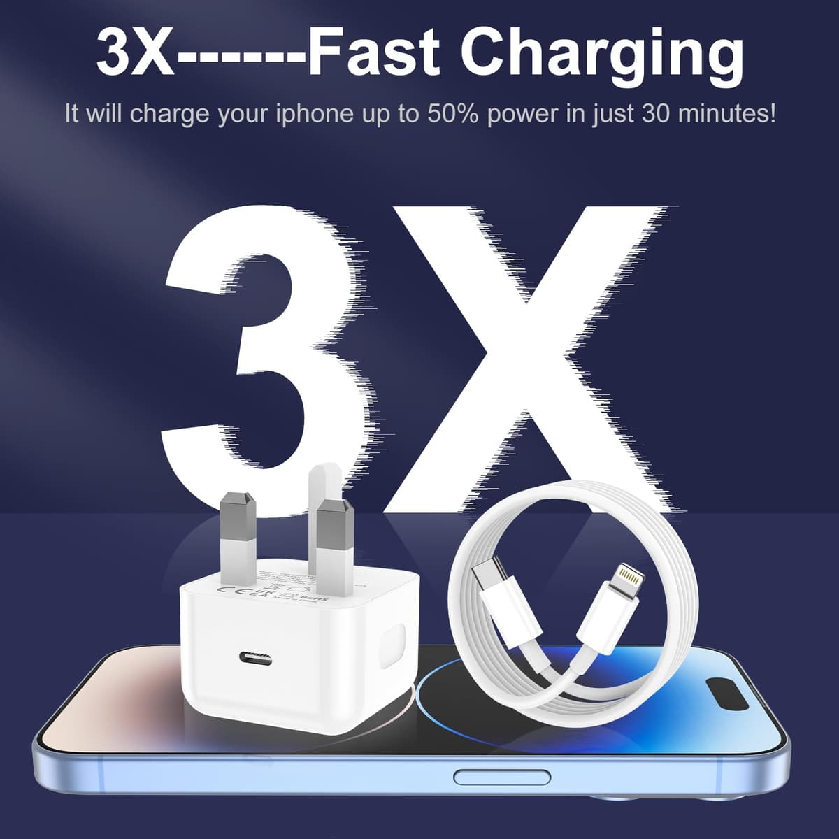 for iPhone Charger Fast Charge, 2Pack PD Fast Apple Charger UK USB C Plug With 2M&3M iPhone Fast Charger Cable [ MFi Certified] Lightning Cable for iPhone 14 13 12 11 Pro Max XS X 8 6, iPad — view 4