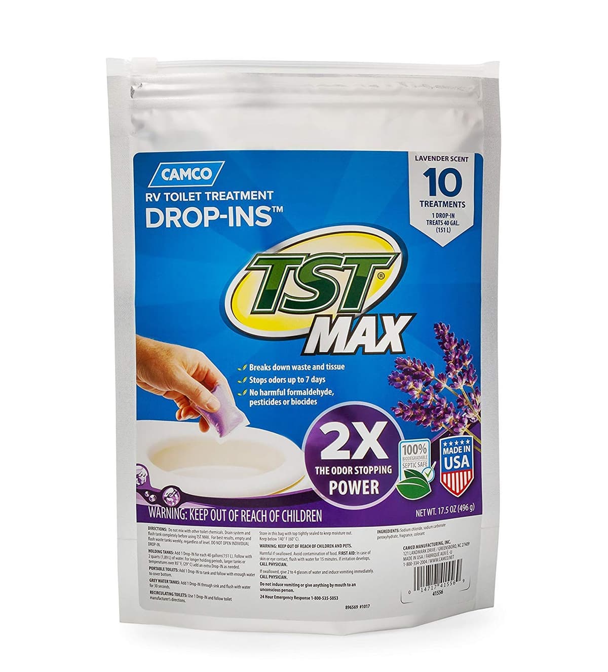 Camco TST MAX RV Toilet Treatment Drop-INs - Control Unwanted Odors & Break Down Waste and Tissue - Safe Septic Tank Treatment - Orange Scent, 30-Pack (41183) — view 14