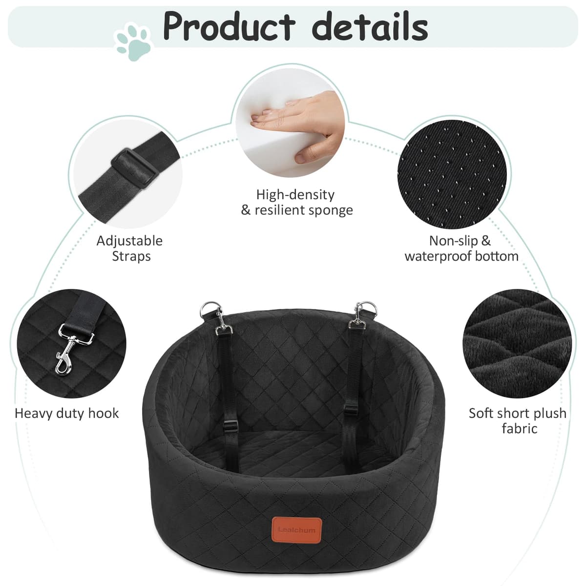 Lealchum Dog Car Seat with 2 Safety Dog Leashes, Safe Pet Travel Car Seat with Non-Slip Bottom, Fully Removable and Washable Seat for Dog, Soft Memory Foam Puppy Seat for Car (Black, Small) — view 3