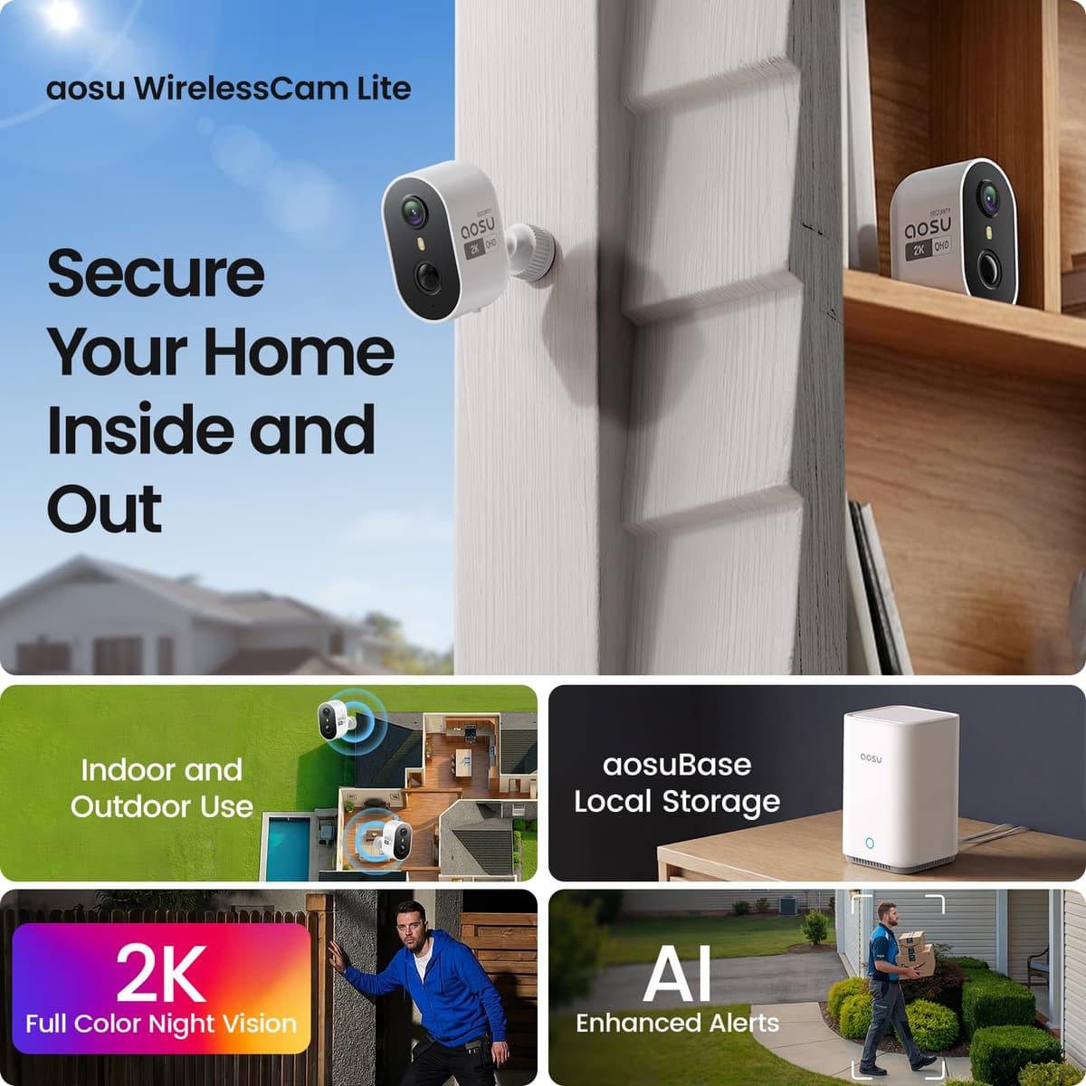 aosu Wireless Indoor/Outdoor Security Camera Kit with aosuBase Local Storage, 2K with 6X Zoom, 4-View Live, Cross-Camera Person Timeline, PIR + AI Human Detection, Color Night Vision, 4-Cam-Kit — view 2