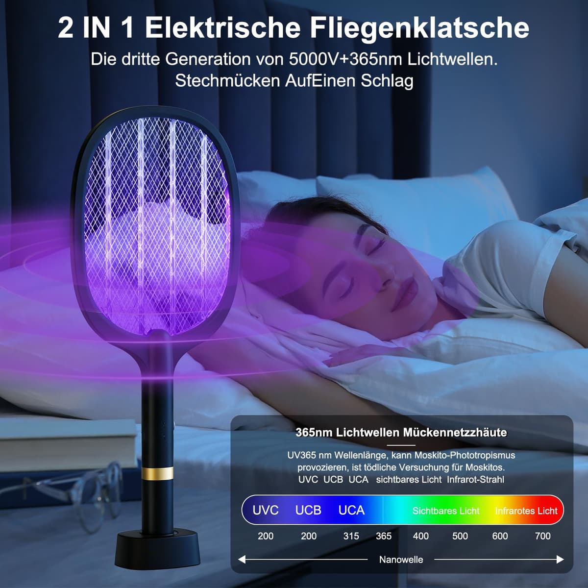 Raqueta Mosquitos Electrica 2 en 1 5000V Mata Mosquitos Electrico USB Recargable 1800mAh pour Intérieur et Extérieur Negro — view 4