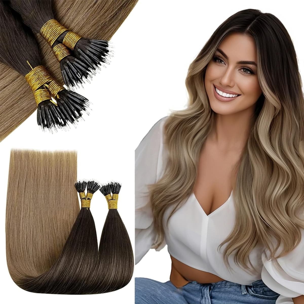RUNATURE 18 Inch Nano Beads Hair Extensions Real Human Hair Ice Blonde Nano Hair Extensions Real Human Hair White Blonde Invisible Nano Rings Straight Remy Hair 50g 50s #800 — view 55