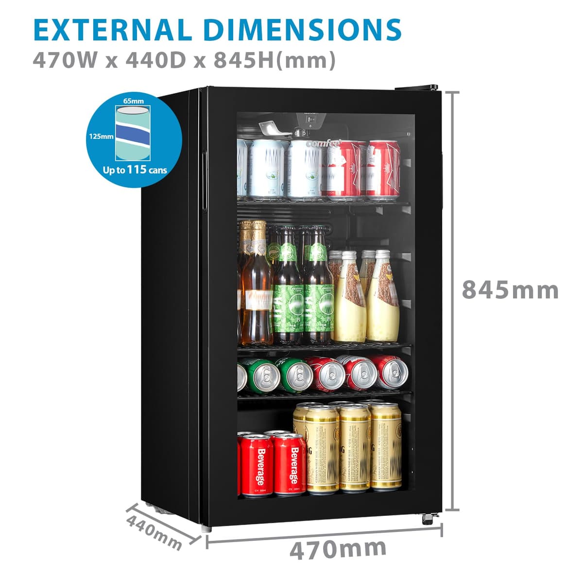 COMFEE' RCZ99BG2(E) Under Counter Beer & Drinks Fridge-93L Capacity,Holds up to 115 Cans, Premium Temperature Performance (2℃ to 15℃), Glass Door, Removable Shelves, LED Light, Low Noise — view 5
