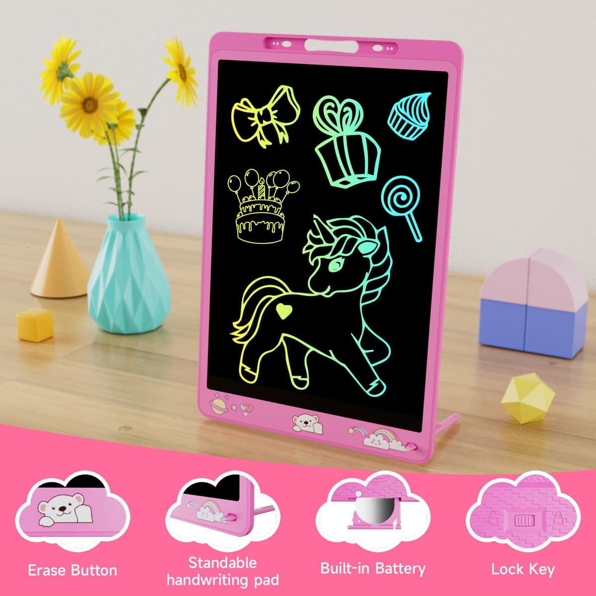Electight 16 Inch Writing Board, Light Up Colorful Screen Doodle Board, Toddler Educational Toys for 3-9 Years Old Boys Girls, Reusable Kids Drawing Pad, Birthday Christmas Toys Gifts(Pink) — view 3