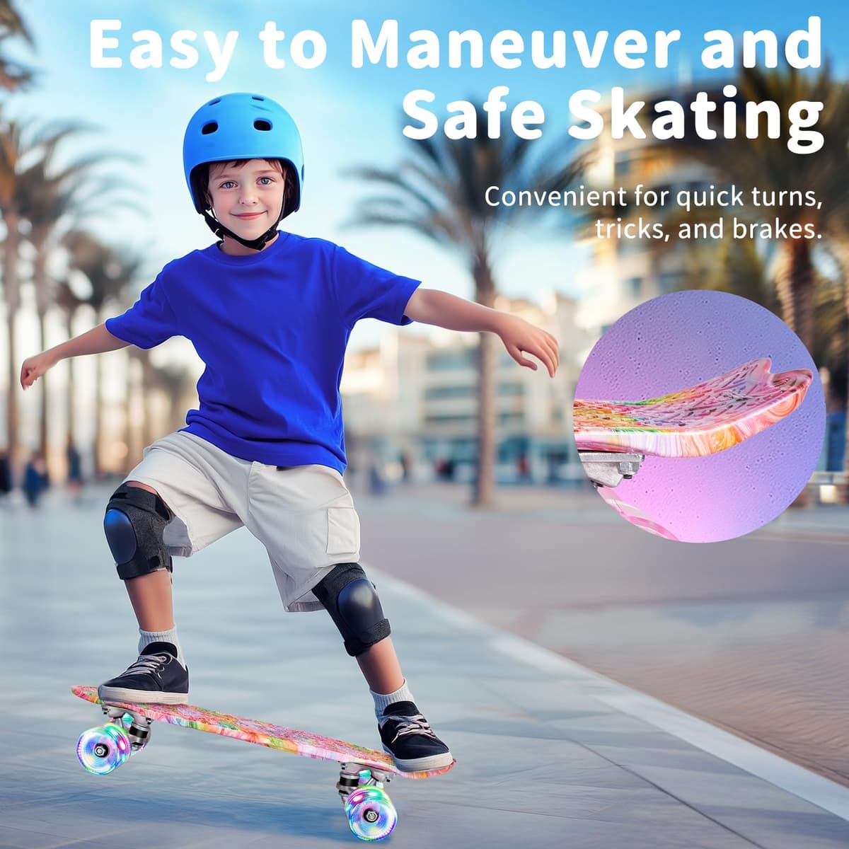 BELEEV Skateboard Complete 22 x 6 Inch Mini, para Niños, Adolescentes, Principiantes, Ruedas con luz LED de PU con Herramienta en T para Patines Todo en Uno, Monopatín 55cm — view 3