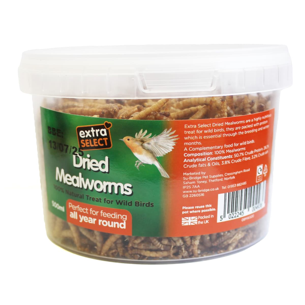 Extra Select Dried Mealworms for Wild Birds: Protein Rich Wild Bird Food for Robins and Wildlife - Meal Worms for Garden Birds - 500 ml — view 2