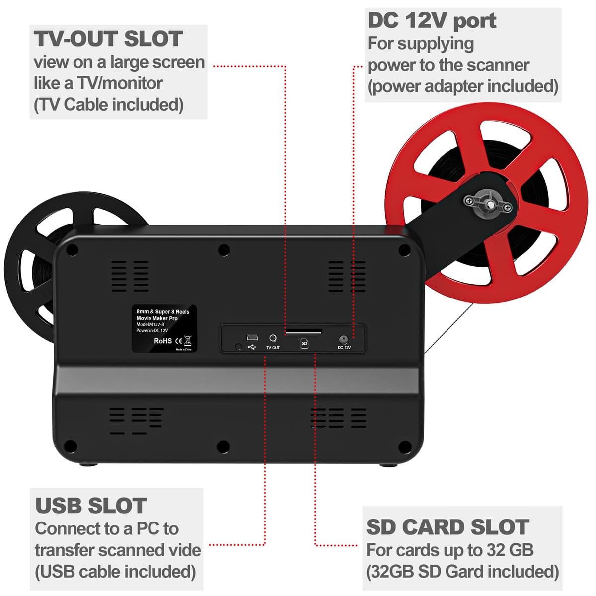 8mm & Super 8 Film to Digital Converter, Frame-by-Frame Film Scanner Digitizer to MP4, 2.4" LCD Screen, Supports 3” 5” 7” 9” Reels, 32GB SD Card Included — view 5