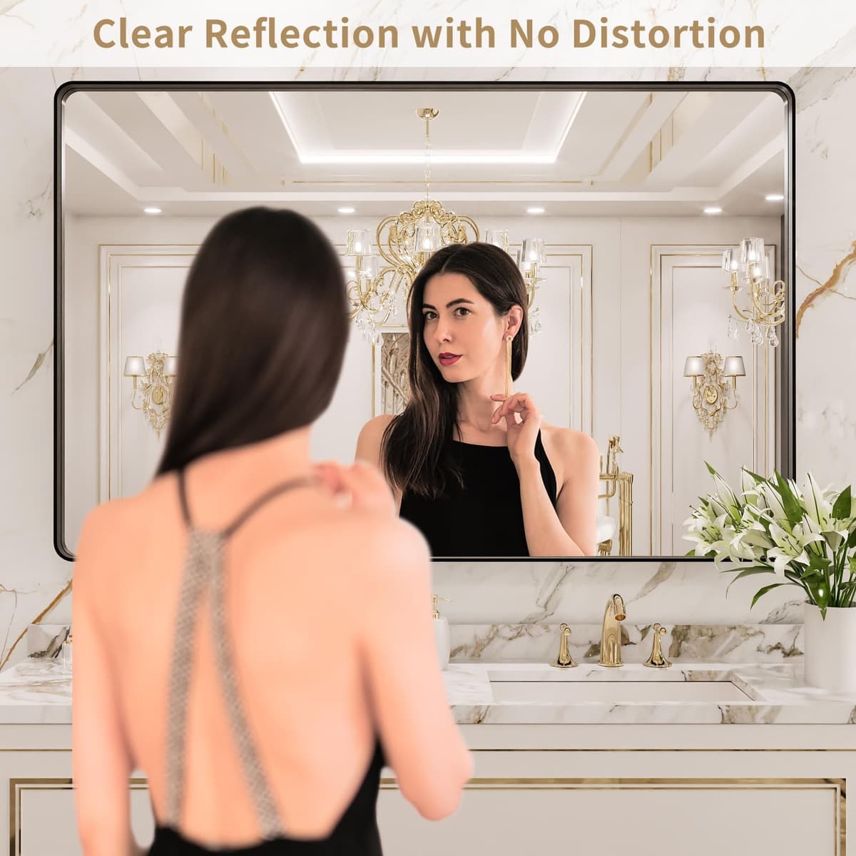 LOAAO 55X36 Inch Black Metal Framed Bathroom Mirror for Wall, Matte Black Bathroom Vanity Mirror Farmhouse, Large Rounded Rectangle Mirror, Anti-Rust, Tempered Glass, Hangs Horizontally or Vertically — view 2
