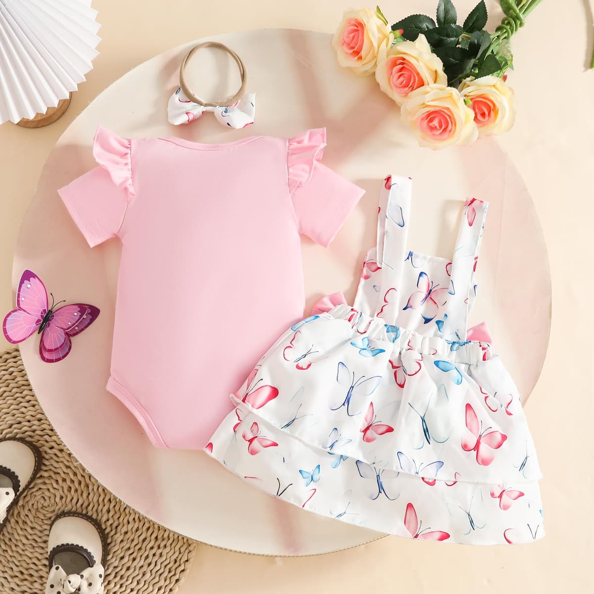Conjuntos Falda Para Niña Recién Nacida Blusa de Manga Corta y Falda con Tirantes y Lazo Ropa de Verano Para Niña Bebé — view 3