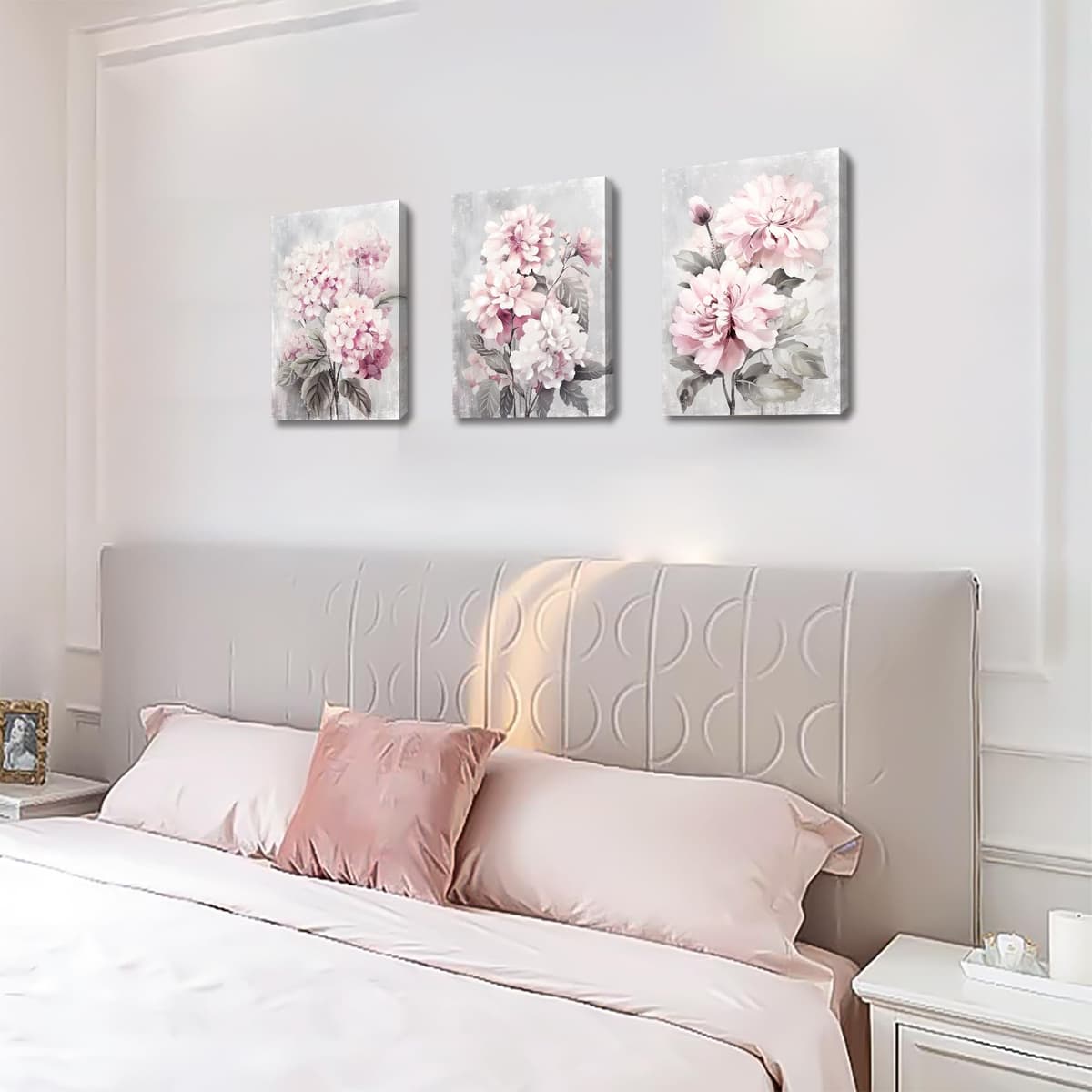 3 Pcs Wooden Framed Blush Grey Pink Canvas Wall Art Pink Hydrangeas Peonies Floral Blossom Canvas Painting Pictures for Living Room Bedroom Bathroom Hallway Home Wall Decoration 90x40cm(12"x16"x3pcs) — view 4