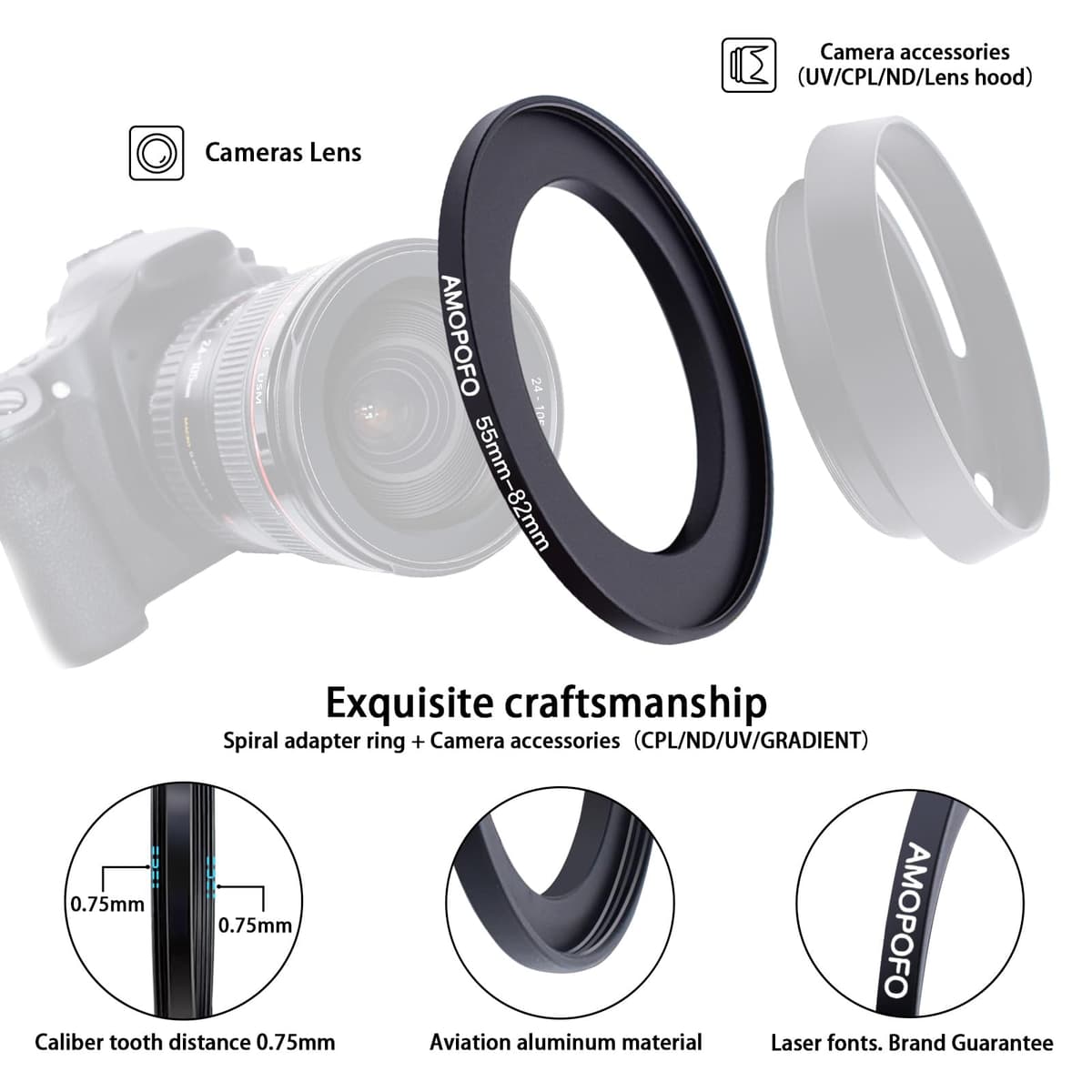 55mm Lens to 82mm Camera Filter Ring,55mm-82mm Step Up Ring For Filters,Made Of CNC Machined aluminum.for 82mm UV,ND,CPL Camera Filter accessories — view 3