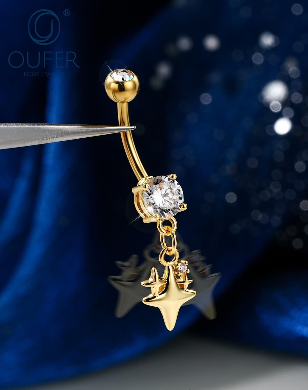 OUFER Body Piercing Belly Bar: 14G 316L Stainless Steel Navel Ring Star Dangle CZ Navel Piercing Jewellery Gold/Silver 1.6mm/10mm Belly BUtton Rings for Beach Party Women — view 5
