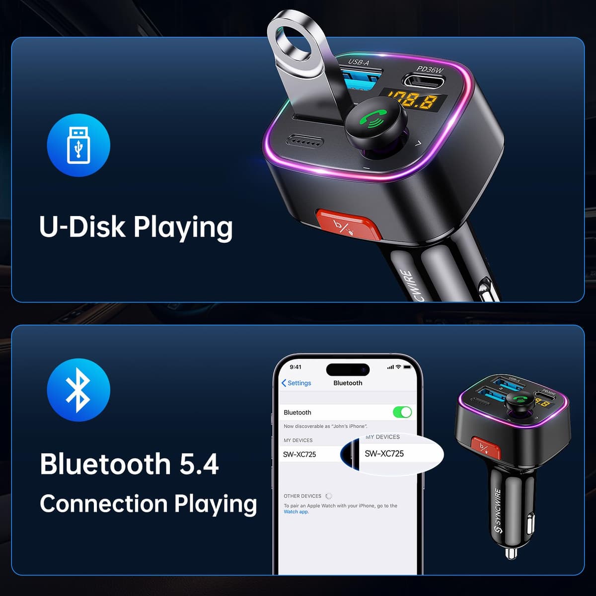 Syncwire Bluetooth 5.4 FM Transmitter Car Adapter 48W (PD 36W & 12W) [Light Switch] [HiFi Bass Sound] [Fast Charging] Wireless Radio Music Adapter LED Display Hands-Free Calling Support USB Drive — view 5