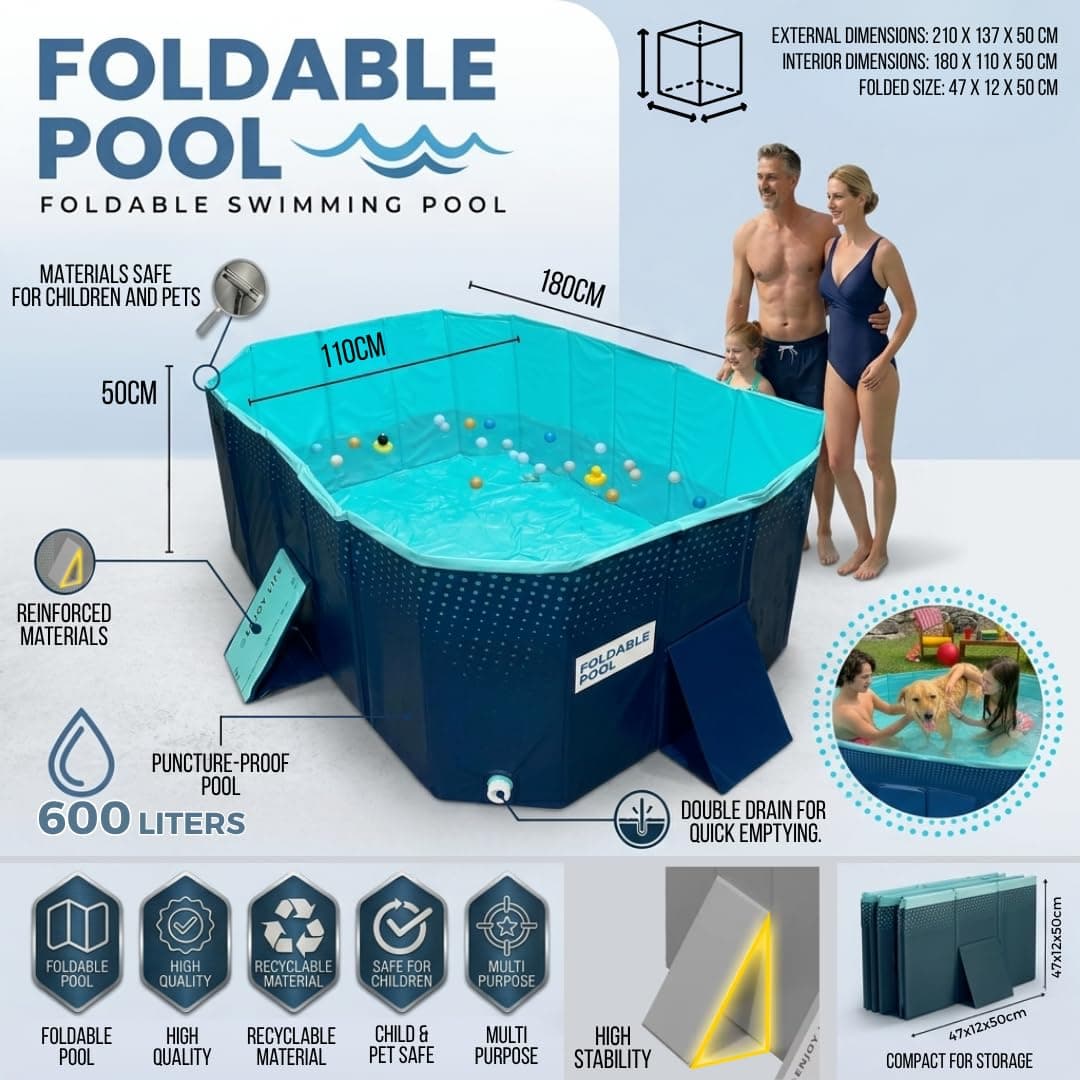 INDUSTEX Foldable Swimming Pool -600L- PVC Garden Paddling Pool – Portable Rectangular Outdoor Pool 180x110x50cm – Easy Assembly, Durable & Space-Saving Summer Family Pool — view 2