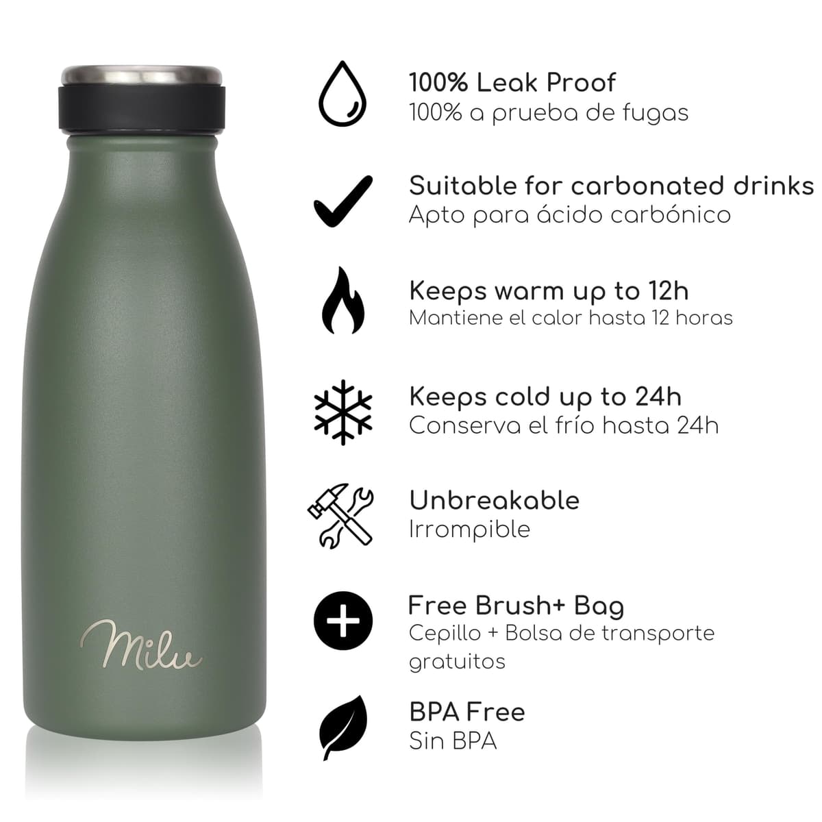 Milu Botella de acero inoxidable de 350ml 500ml 750 ml 1 L 1,5 L botella de agua aislada, termo a prueba de fugas, doble pared, apta para ácido carbónico + cepillo de limpieza (Azul Violeta, 350ml) — view 149