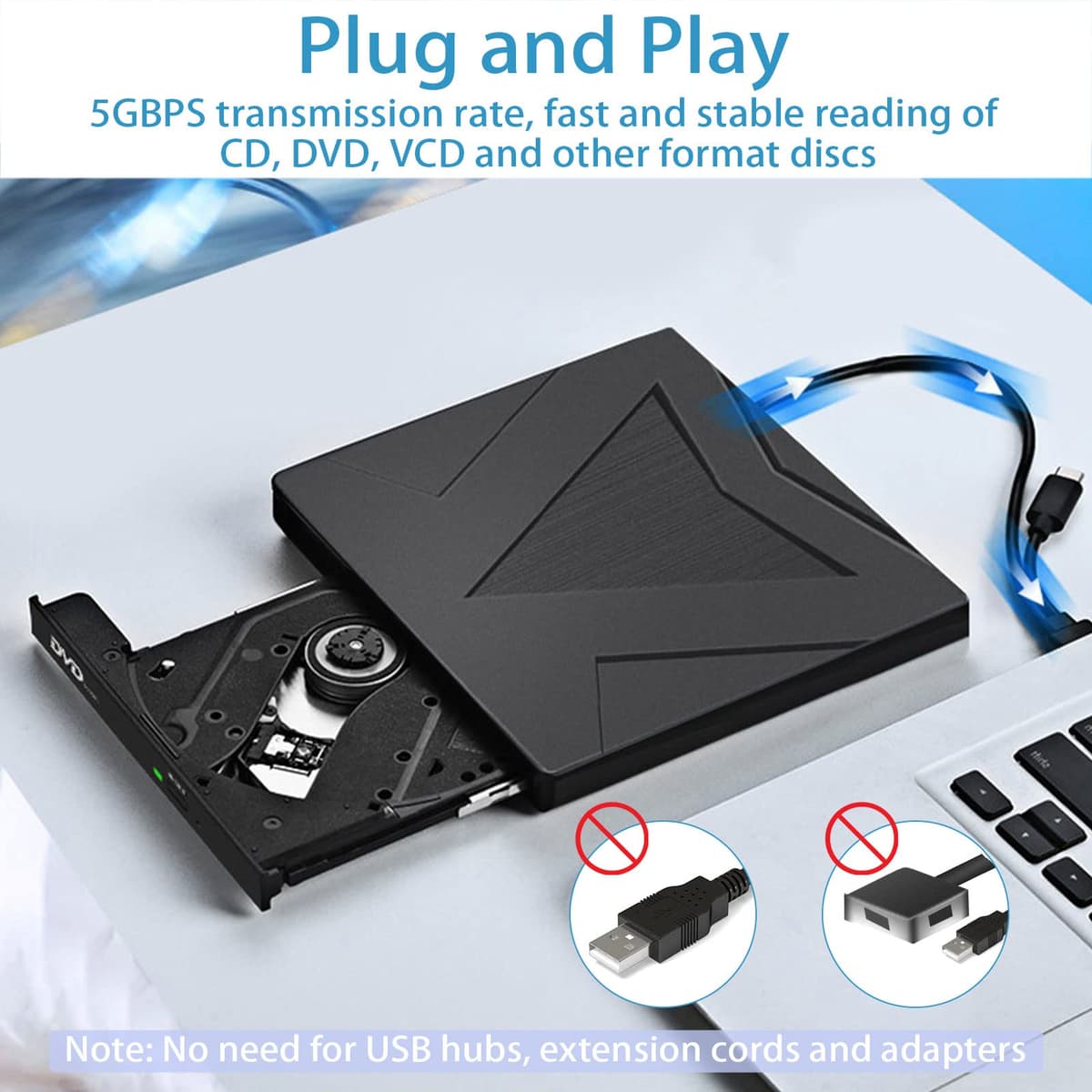 RUIZHI Unidades DVD/CD Externa, USB 3.0 y Type C portátil CD DVD +/- RW Grabadora de Reproductor Externo para PC Laptop Desktop MacBook, Compatible con Windows/7/8/10/XP/Linux/MacOS — view 3