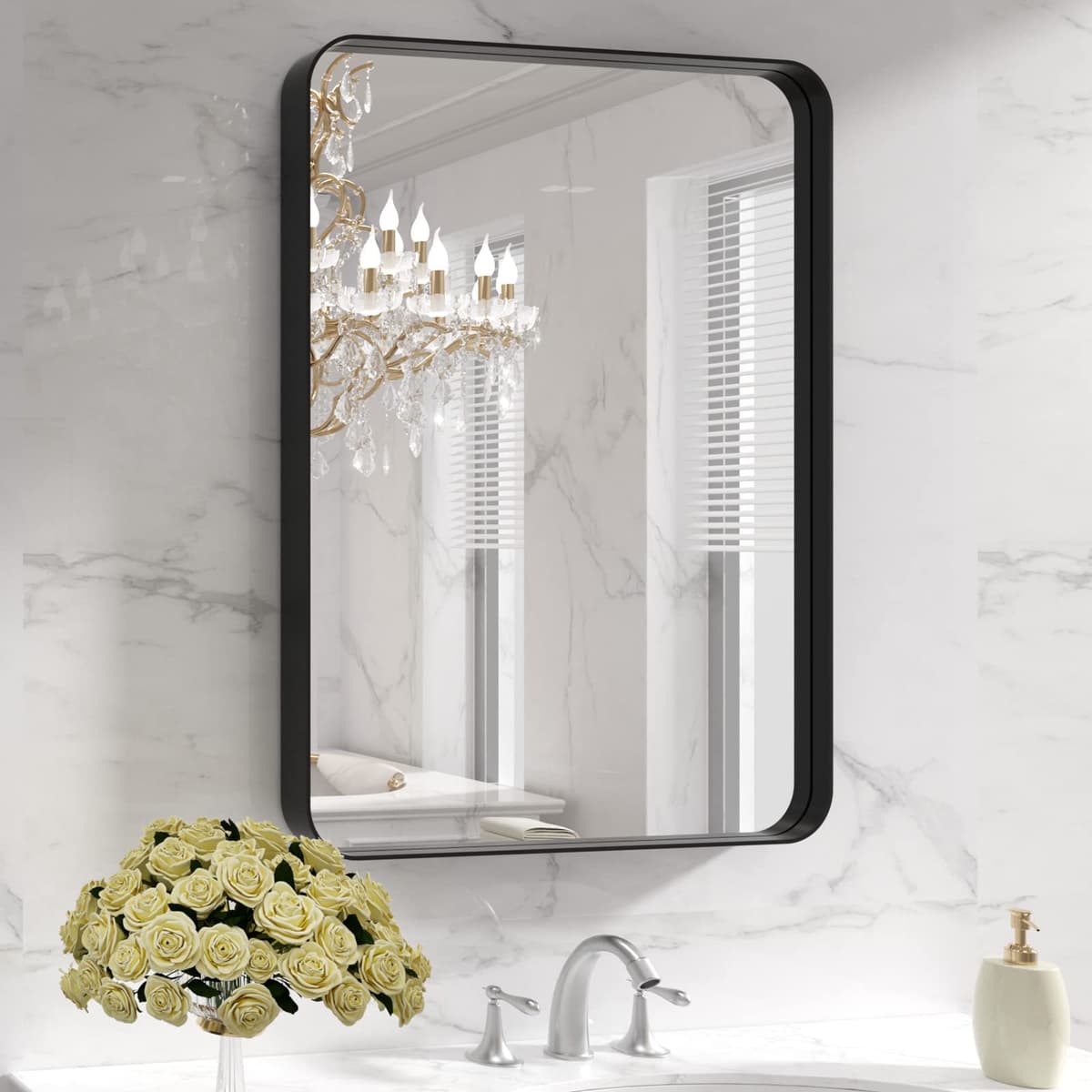 LOAAO 48”X36” Gold Bathroom Mirror, Rounded Rectangle Gold Frame Mirror, Brushed Gold Bathroom Vanity Mirror Wall-Mounted, Anti-Rust, Tempered Glass, Hangs Horizontally or Vertically — view 48