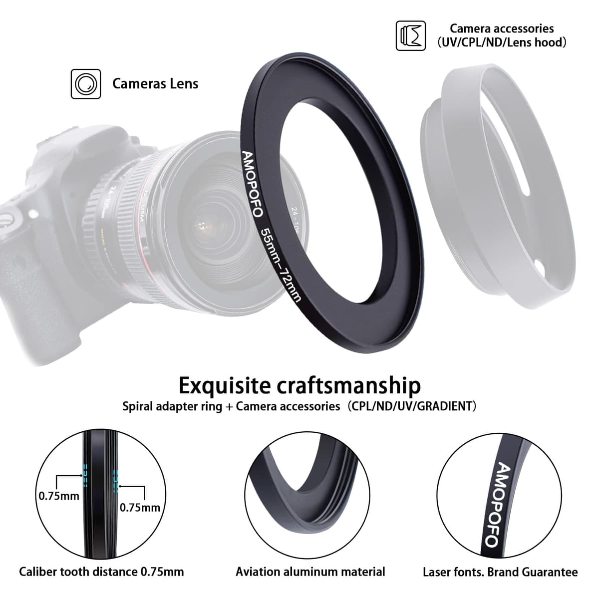 55mm Lens to 72mm Camera Filter Ring,55mm-72mm Step Up Ring For Filters,Made Of CNC Machined aluminum.for 72mm UV,ND,CPL Camera Filter accessories — view 3