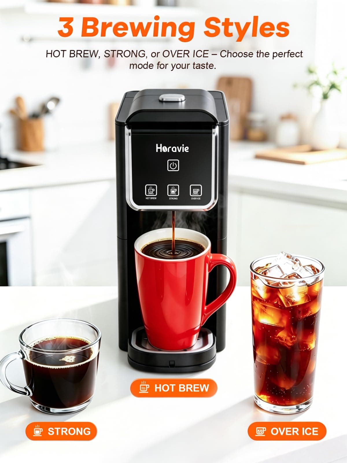 Horavie Mini Single Serve Coffee Maker, Hot & Iced Coffee Maker for K-Pod and Grounds, 6-12 oz Brew Sizes One Cup Coffee Machine, Strong Brew Setting, Black — view 4