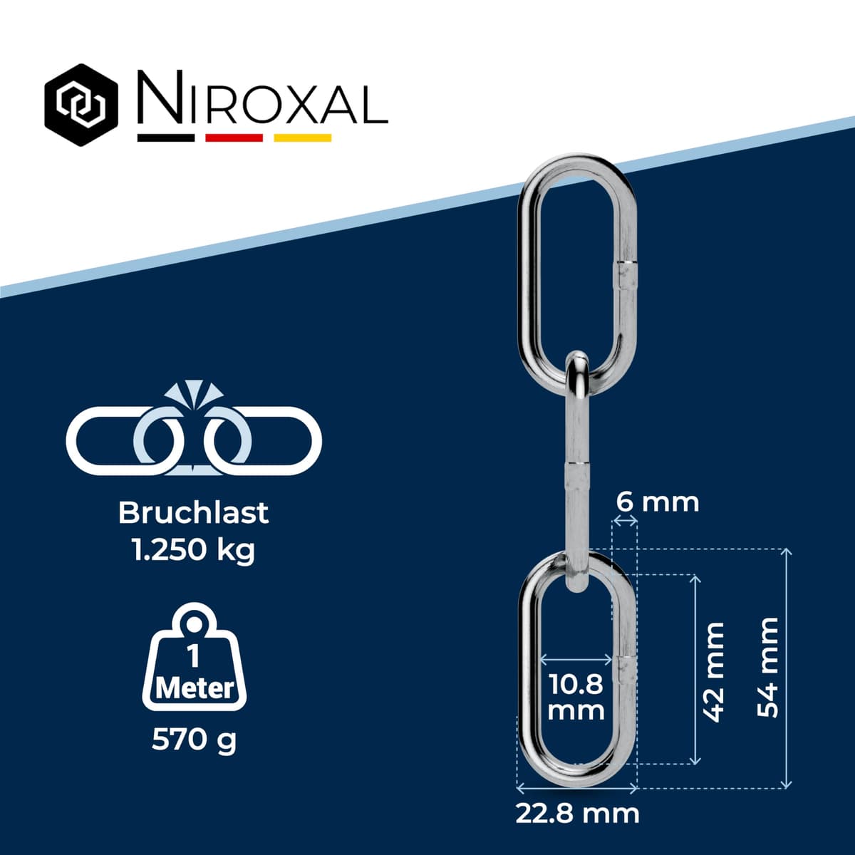2 piezas 100-cm = 1-metros 6-mm cadena de acero inoxidable de espesor fabricado en V4A de eslabón largo de NietFullThings en cada unidad Cadena de anclaje DIN 5685 DIN 763 1-m — view 3