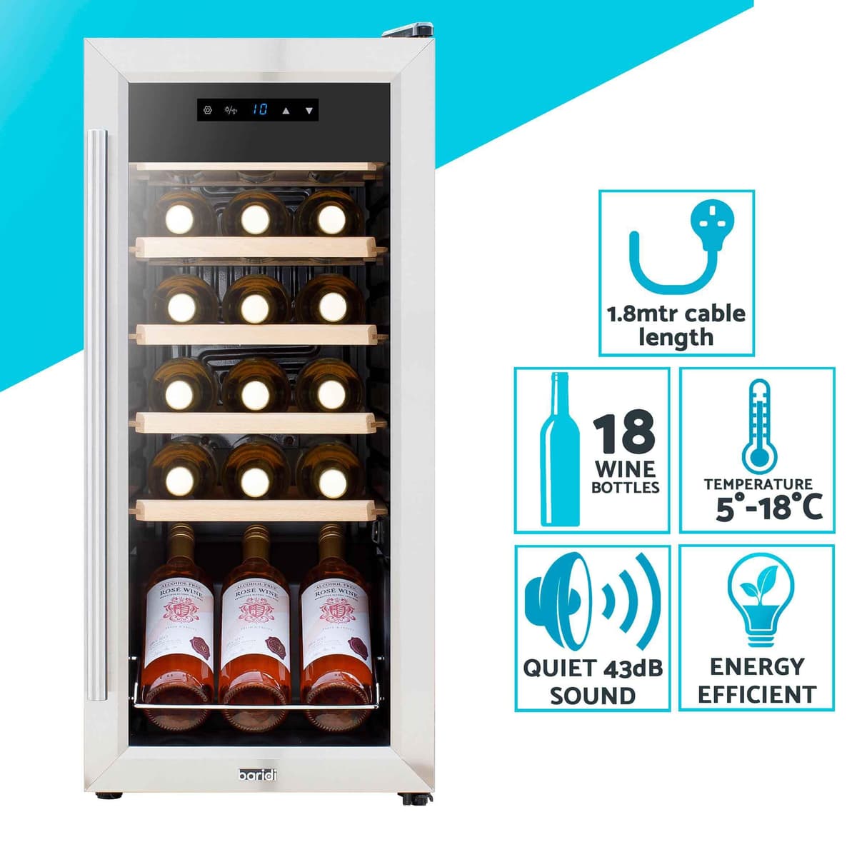 Dellonda Baridi 18 Bottle Wine Cooler Fridge with Digital Touch Screen Controls & LED Light, Stainless Steel - DH29 — view 3