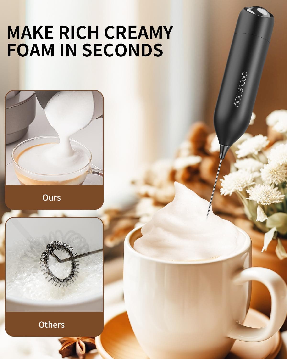 CIRCLE JOY Montalatte a Mano con Supporto, Frullino Montalatte Elettrico, a Batteria Mini Schiumatore per Latte, Cappuccino, Matcha, Regalo da Cucina, Nero — view 5