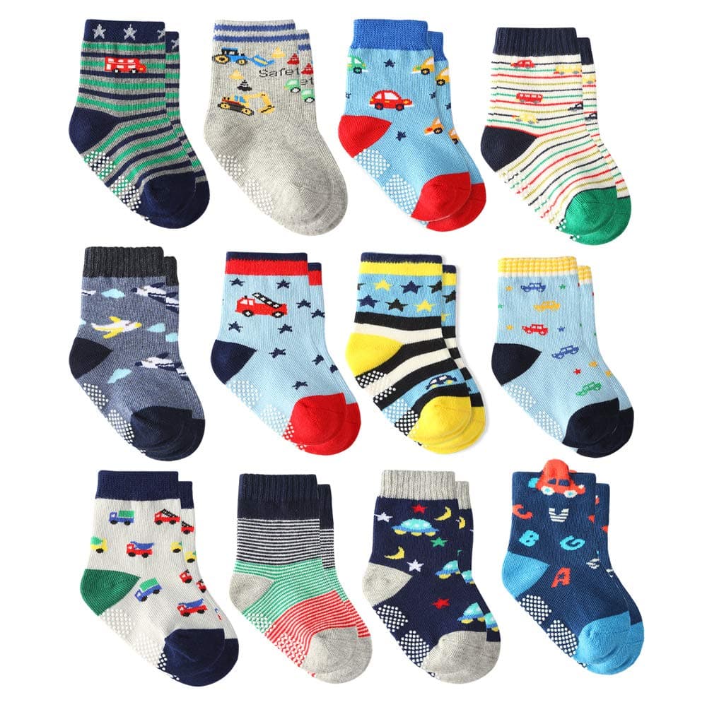 12 Pares para Algodón Niños Pequeños Antideslizantes Calcetines, Algodón Calcetines Antideslizantes para Niños