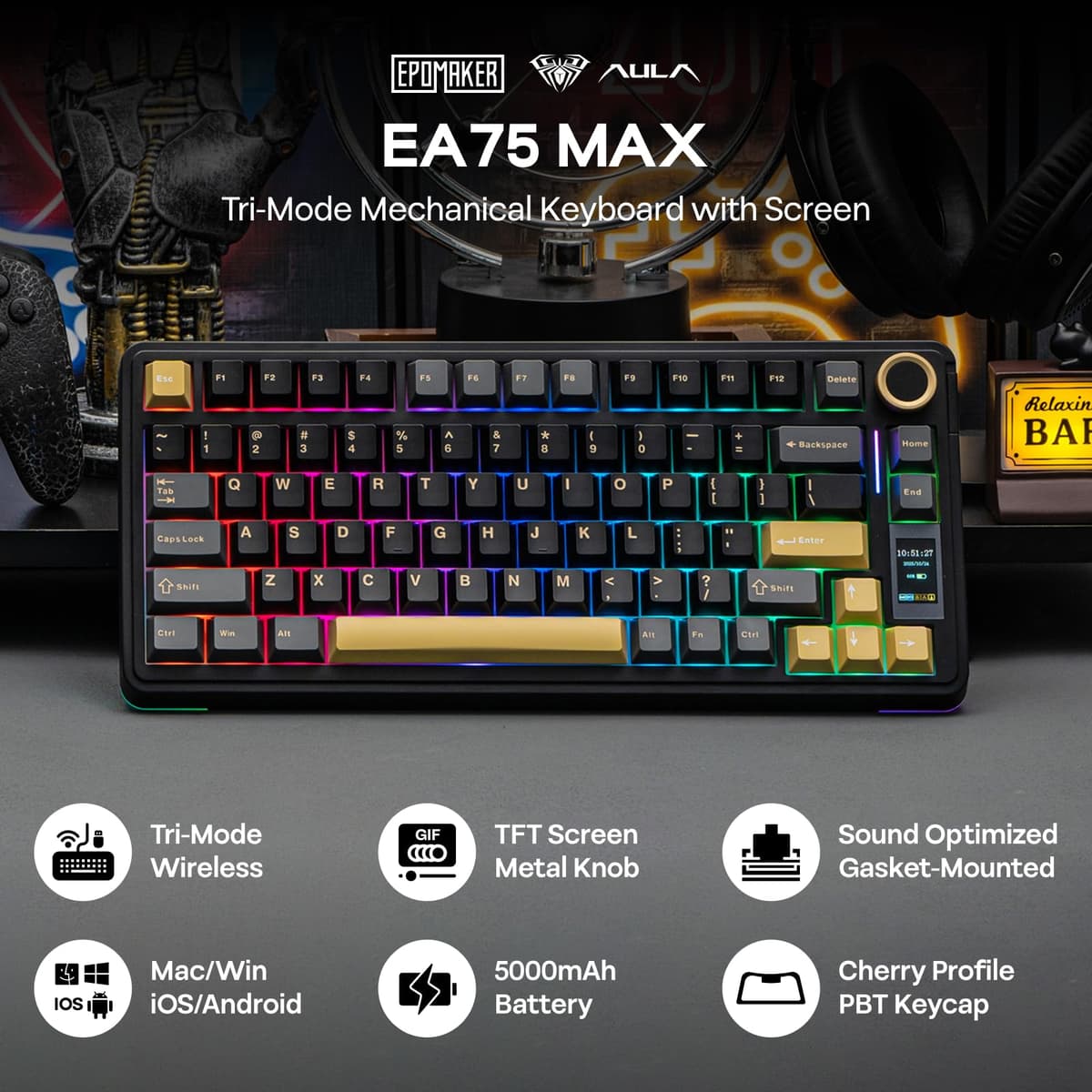 EPOMAKER X Aula EA75 MAX Teclado Mecánico Inalámbrico para Juegos con Pantalla y Perilla, 5000mAh, Hot-Swap, RGB, Teclas PBT,Gasket Suave, Teclado Mecánico del 75%,Formato US (Negro, Silent Switch) — view 2