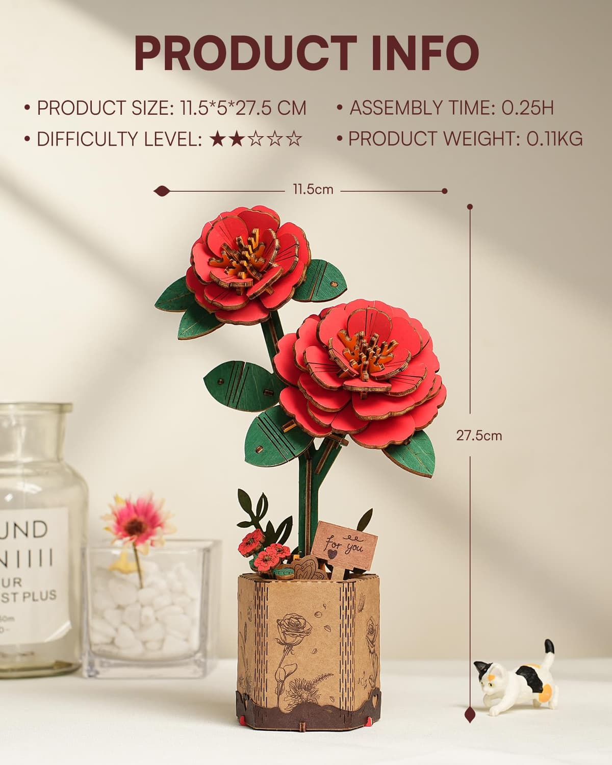 Robotime Flor Puzzles 3D Madera, Maquetas para Construir Adultos, Maqueta Madera, Regalos para Mujeres en el Día de San Valentín & Cumpleaños (Camelia roja) — view 4