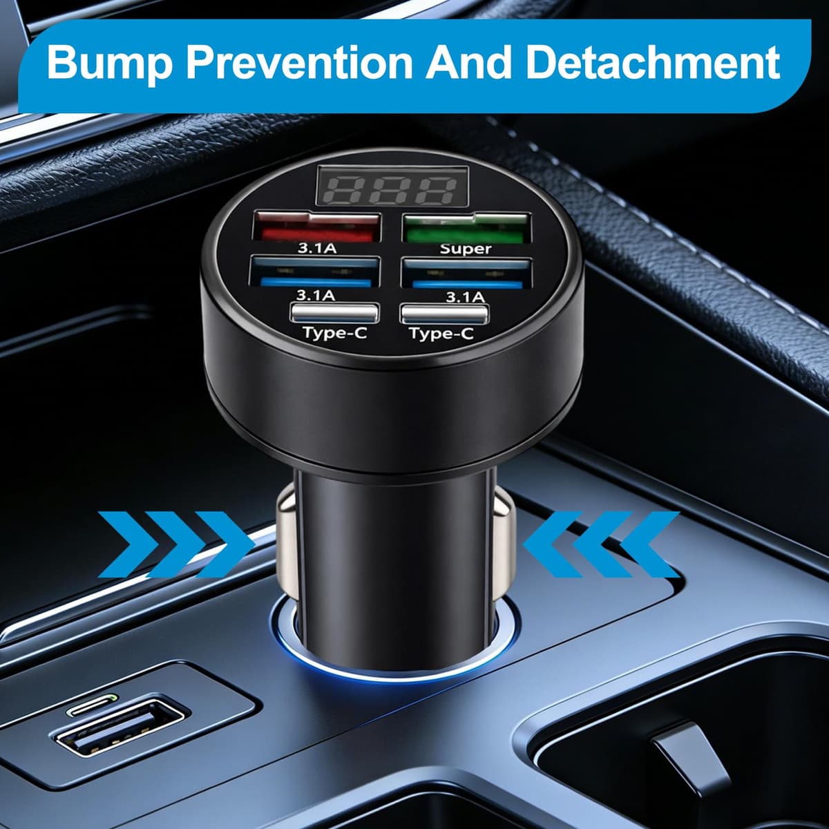 LED USB Car Charger Adapter 6 In 1, 6-Port 12/24V Fast USB Car Charger, 2 Type-C Ports Plus 4 USB Ports Cigarette Lighter USB Charger with Led Voltmeter, Compatible with Most Mobile Phones — view 4
